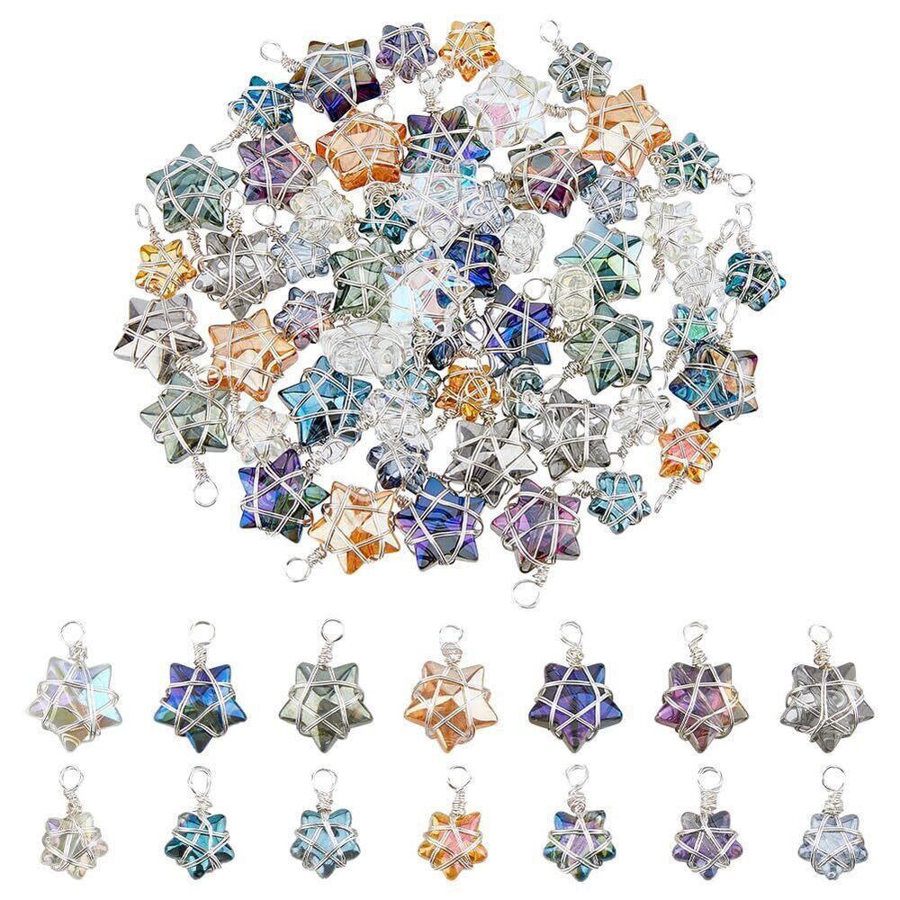 8654 56Pcs 2 Sizes Wire Wrapped Star Pendants Silver Color Electroplate